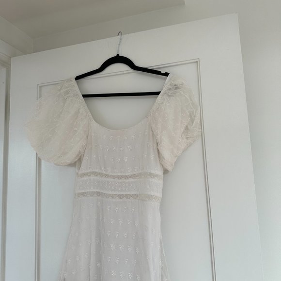 LoveShackFancy Cayden Silk High-Low Dress White Lace Eyelet Off Shoulder Gown - Picture 12 of 15